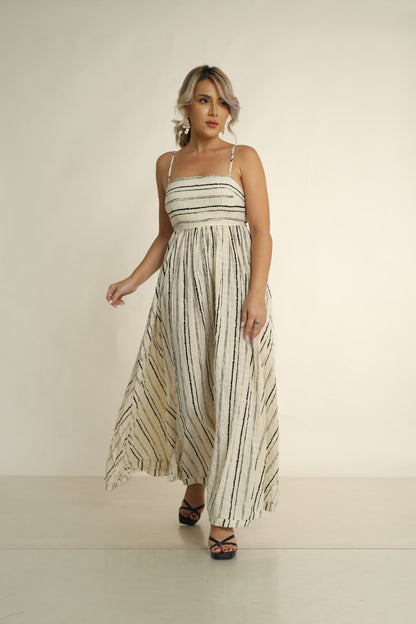 SUNDOWN SERINITY MAXI DRESS-BACK CUTOUT MAXI DRESS  BLACK BEIGE STRIPE