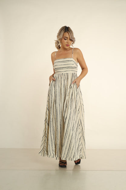 SUNDOWN SERINITY MAXI DRESS-BACK CUTOUT MAXI DRESS  BLACK BEIGE STRIPE