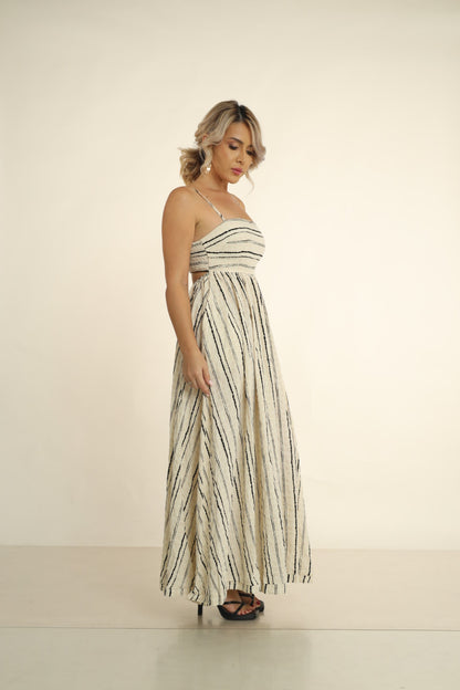 SUNDOWN SERINITY MAXI DRESS-BACK CUTOUT MAXI DRESS  BLACK BEIGE STRIPE