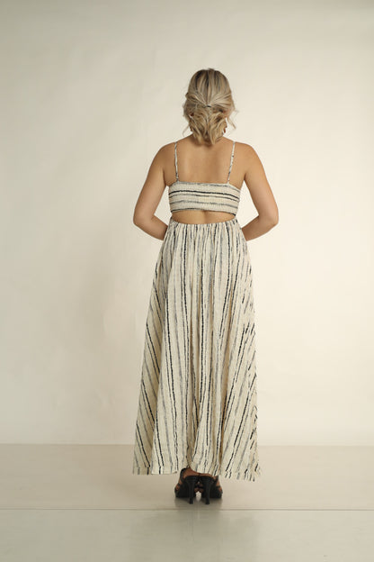 SUNDOWN SERINITY MAXI DRESS-BACK CUTOUT MAXI DRESS  BLACK BEIGE STRIPE