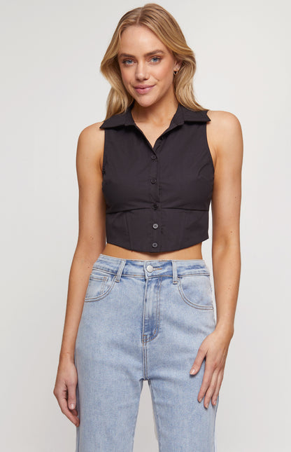 RENE SLEEVELESS BUTTON UP FITTED SHIRT WITH V HEM