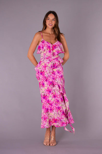 BLOOMED ELEGENCE FLORAL MIDI DRESS IN MAGENTA