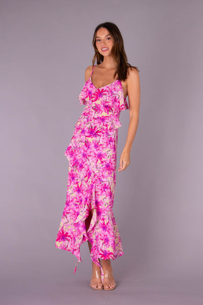 BLOOMED ELEGENCE FLORAL MIDI DRESS IN MAGENTA