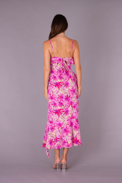 BLOOMED ELEGENCE FLORAL MIDI DRESS IN MAGENTA